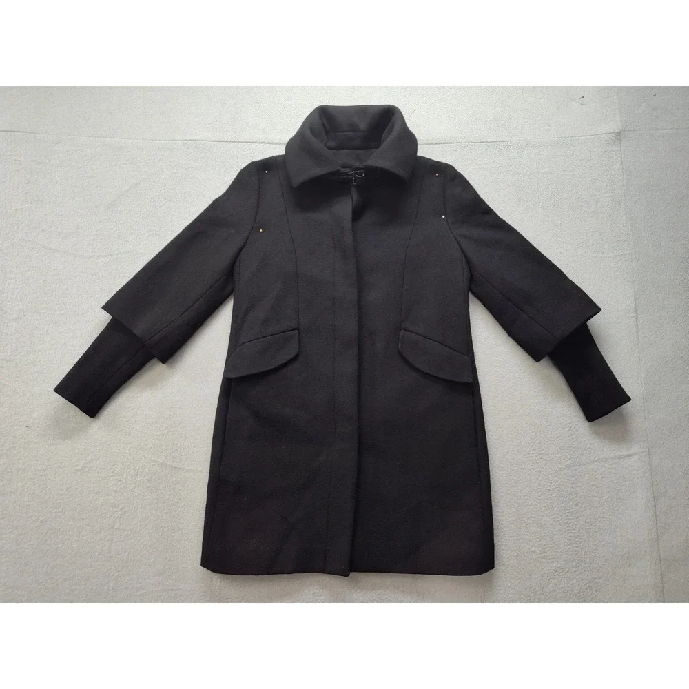 Cole Haan Womens Black Wool Blend Funnel Neck Coat Leather Trim Merino Cuffs 4